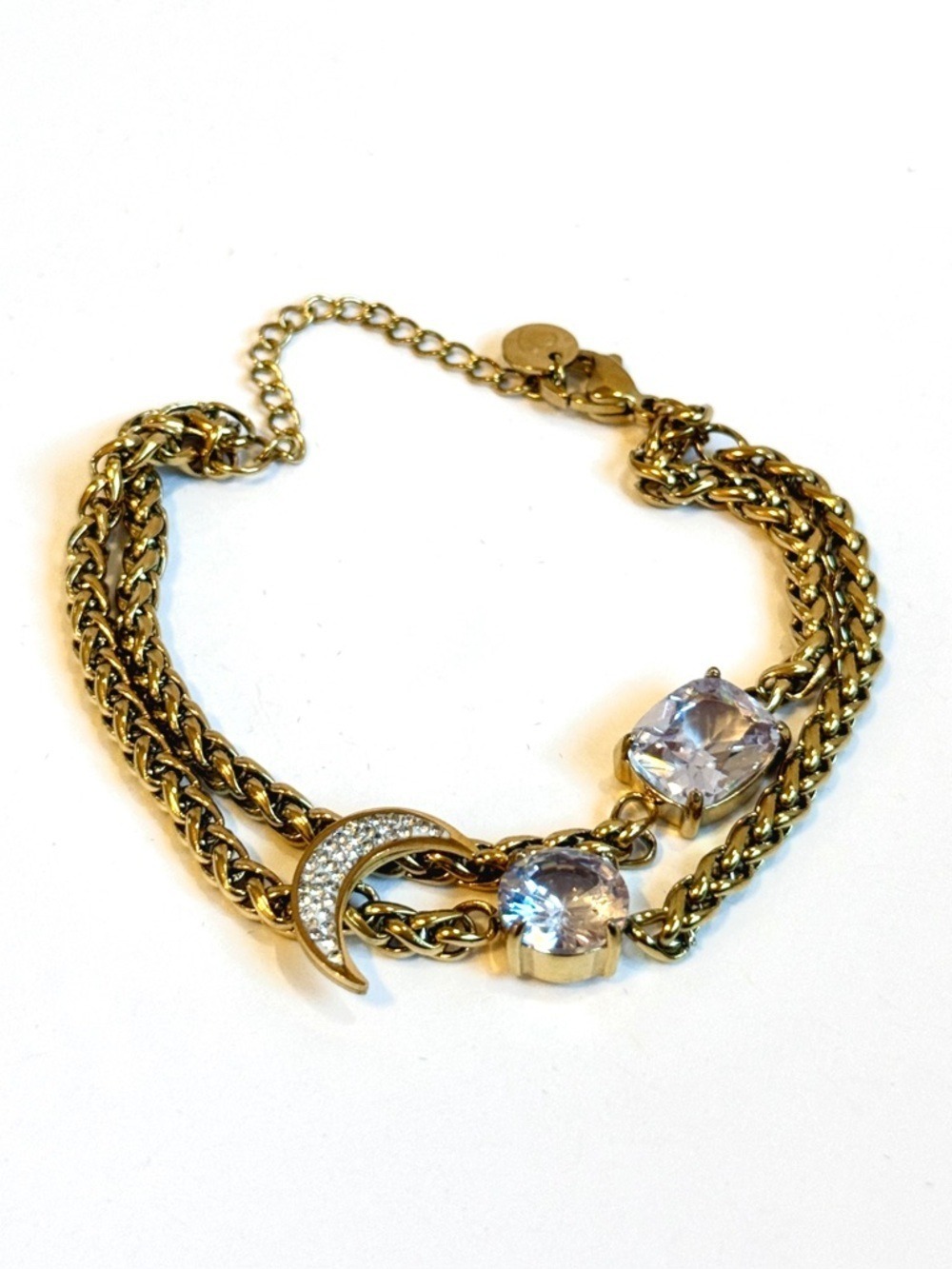 Gold Celestial Crescent Moon Crystal Double Chain Bracelet NWT - Picture 8 of 8